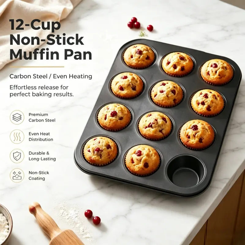 Oven Safe 12 Cup Non Stick Carbon Steel Muffin Pan Even Heat Circulation Durable Scratch Resistant Cupcake Baking Tin