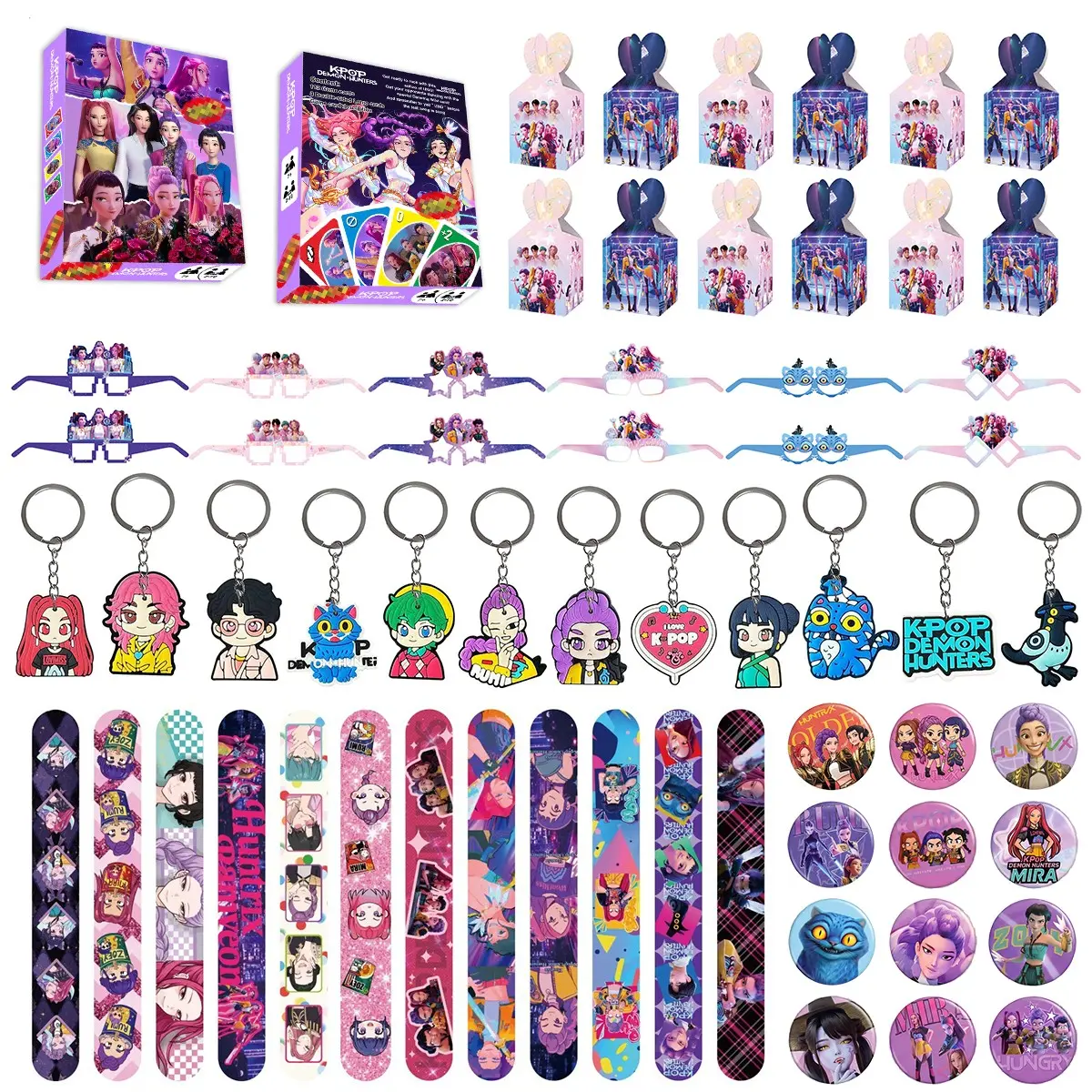 6 K-pop cartoon girl group birthday party gift sets, including 12 cartoon keychains, 12 cartoon bracelets, 12 cartoon candy boxes, 12 decorative glasses, 12 badges, and 120 game cards—perfect choice for party gatherings