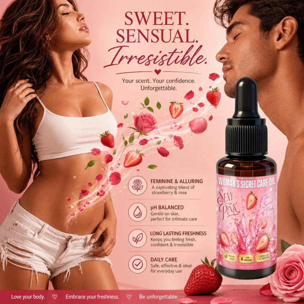 Women's Intimate Care Essential Oil, Strawberry Scent, Long-Lasting Fragrance, Odor Eliminator, Gentle Moisturizer, Balancing Formula