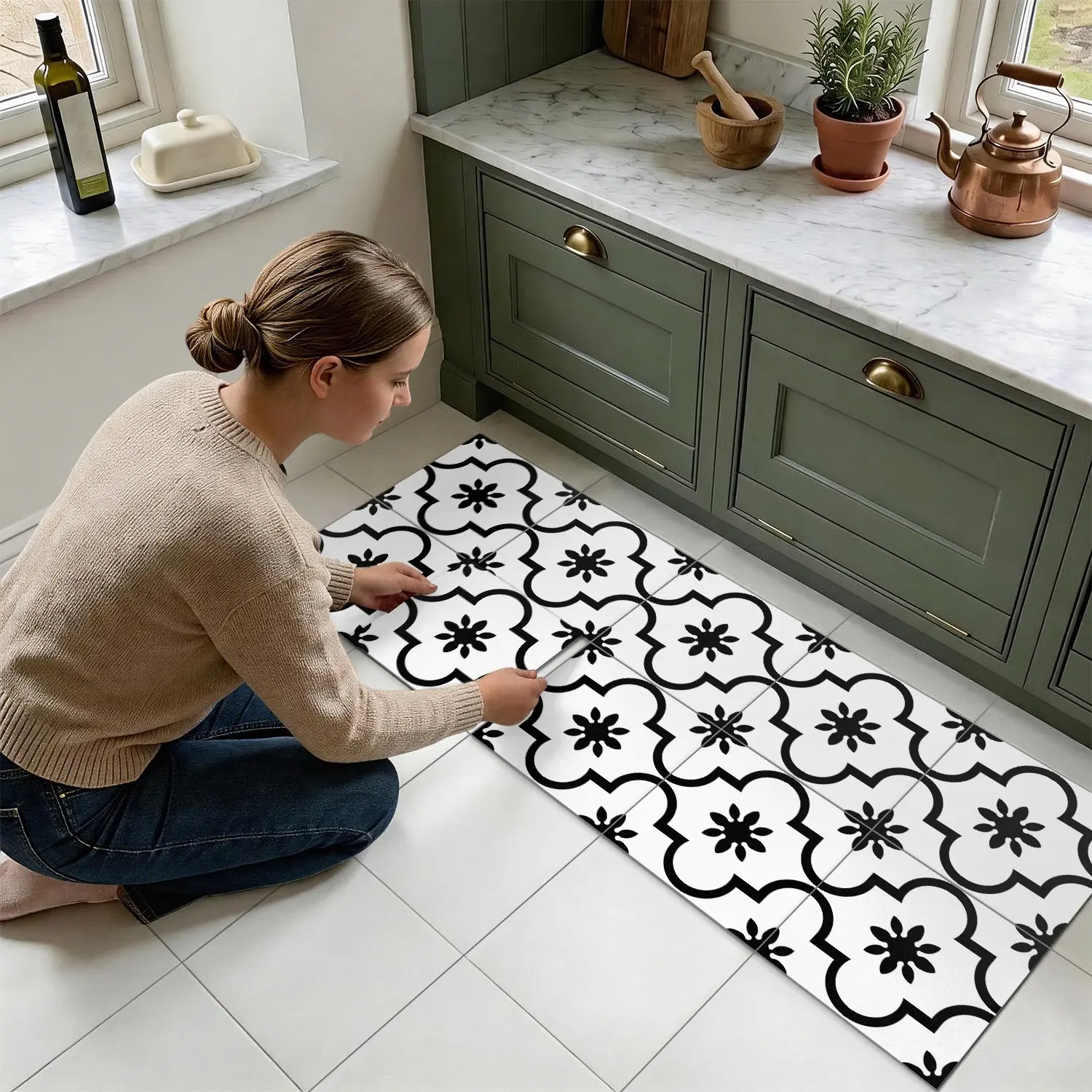10PCS PTS PVC White Black Clover Floral Tile Stickers, Strong Adhesive Frosted Waterproof Self-Adhesive Stickers For Kitchen Bathroom DIY Renovation