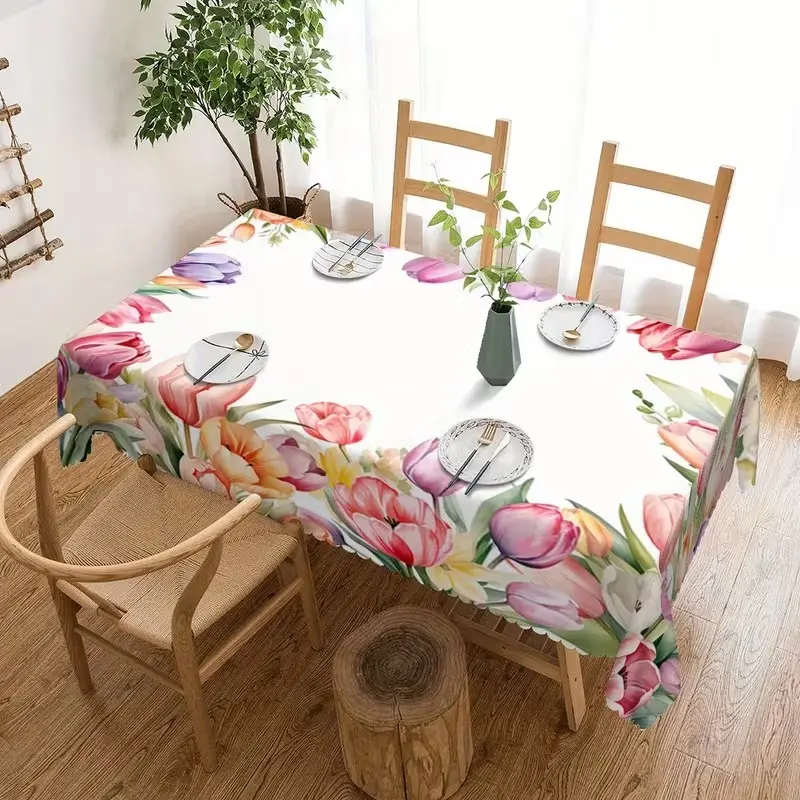 2D Flat Party Tablecloth 1pc, Tulip Floral Print Rectangular Tablecloth, Polyester Fiber, Home Restaurant Kitchen Decor, Gift Idea