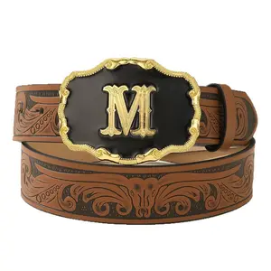 Vintage Western Men Belt with Golden Letter M Large Buckle, Horse Print Tooled Leather Waist Belt