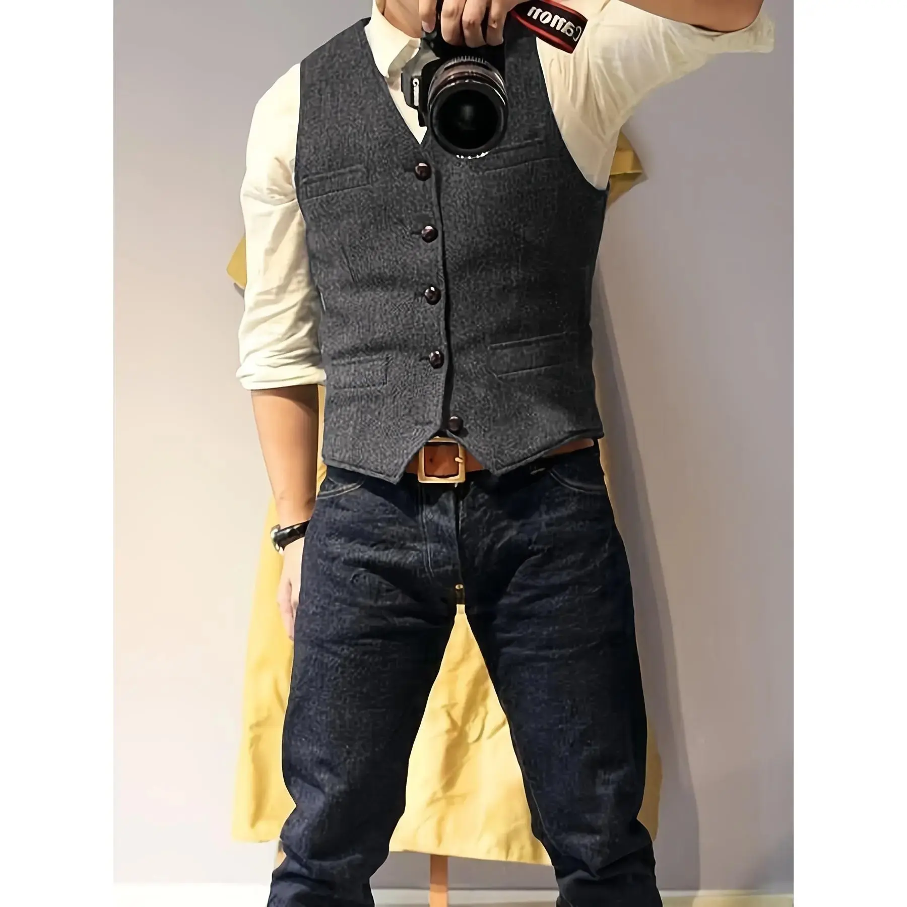Men's Vintage Western Cowboy Tweed Herringbone Blend Vests for Formal Wedding Party Casual Golf Fishing Hunting