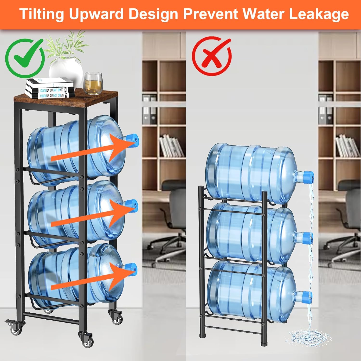 5 Gallon Water Bottle Jug Holder 3-Tier Water Bottle Holder Organizer with Lockable Casters Heavy Duty Water Storage Rack Water Dispenser Stand With  Top Shelf for Kitchen Office Garage Brown