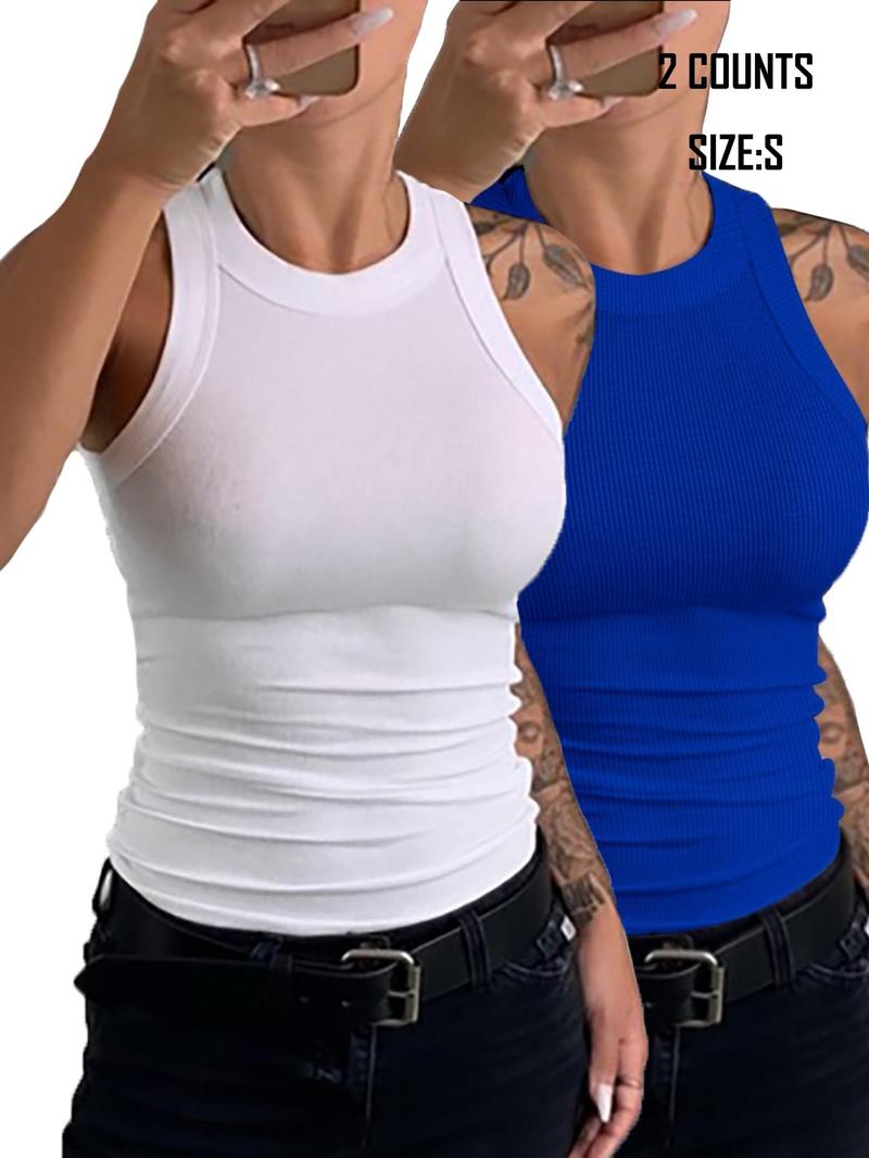 2 Counts Women's Solid Round Neck Tank Top, Casual Sleeveless Top for Summer, Ladies Clothes for Daily Wear