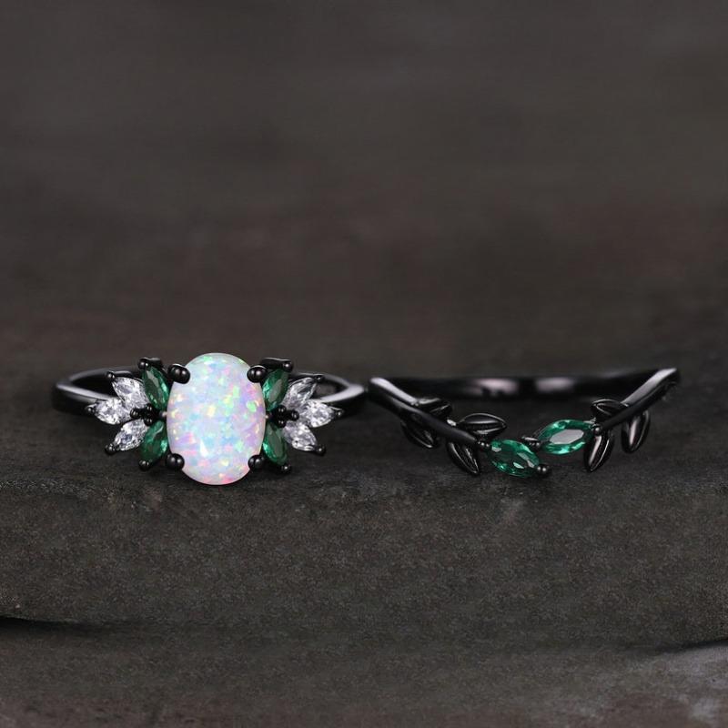 2-Piece Shiny Black Synthetic Opal Oval Cubic Zirconia Couple Rings - Ladies' Engagement & Bridal Jewelry, Ideal Gift for Valentine's Day, Anniversary, Halloween, Christmas & Mother's Day