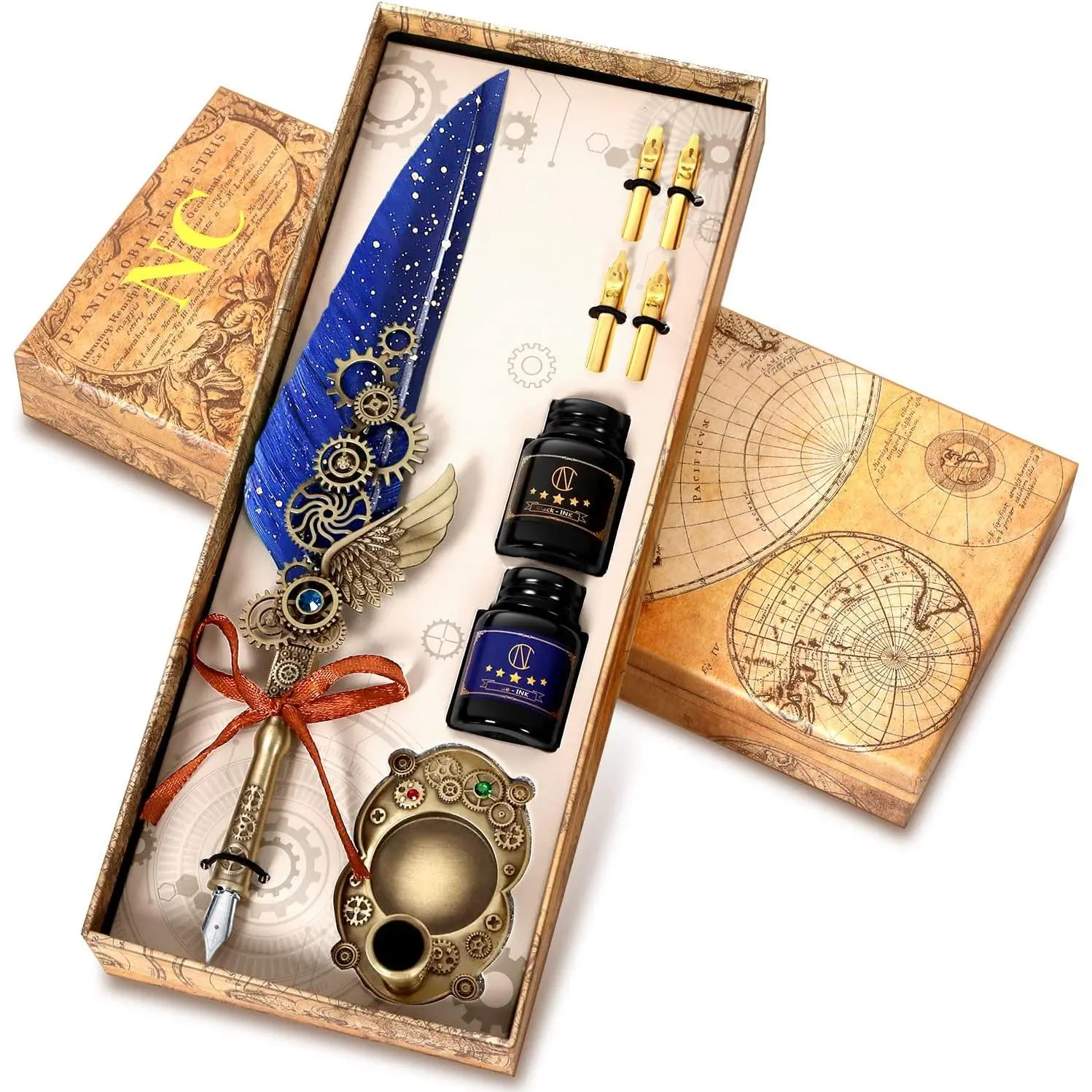 Calligraphy Pen Set, Iluding 2 Bottles of Ink and 4 Replaceable Nibs, 1 Mechanical Quill Pen, 1 Pen Holder, Calligraphy Pen for Writing, Writing Letters, Signing Invitations Etc(Blue)