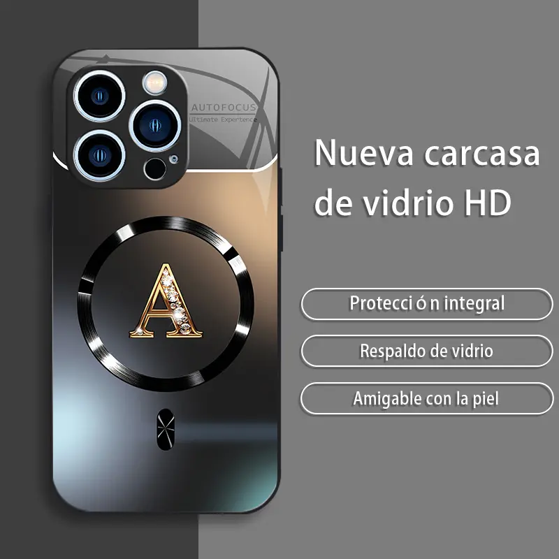 Quiet Luxury custom gold rhinestone initial letter MagSafe magnetic glass phone case gradient black/gray electroplated glossy shockproof minimalist aesthetic cover compatible with iPhone 14 Pro—9435