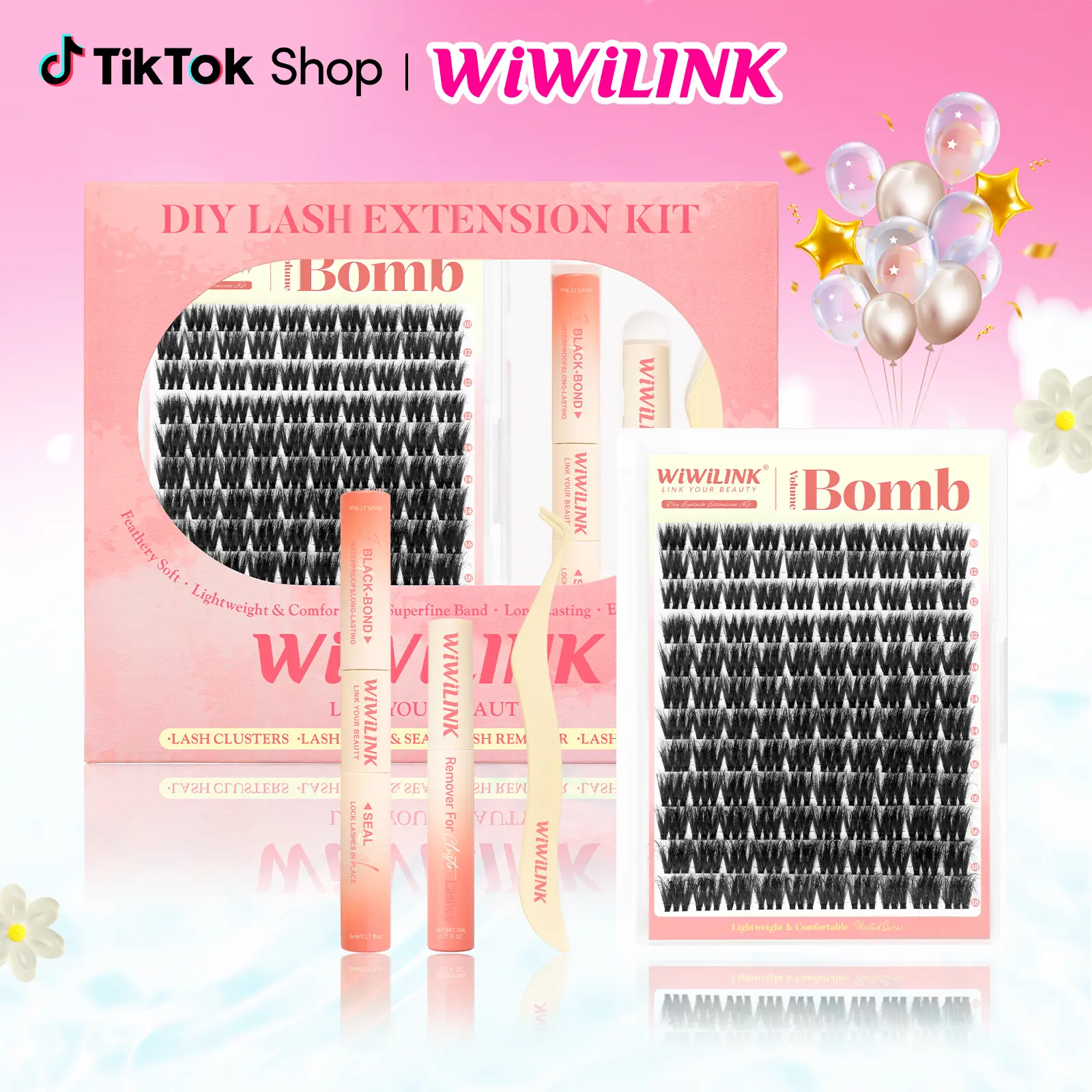 WiWiLINK Volume Bomb 3D  Universal Lash Kit – Cluster Lashes in C/D Curl, DIY Lash Extension Set with Clusters (10-18mm, Includes Bond, Seal, and Remover) – Ultra-Thin Transparent Bands