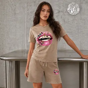 Women’s 100% Cotton Glam Lips Graphic Washed Tee & Loose Bermuda Shorts Set, Relaxed Two-Piece Outfit With Elastic Drawstring Waist, Trendy Casual Style