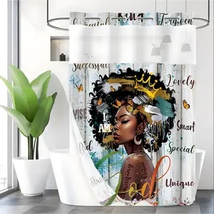 LVRLVR 1pc Vintage Wood Grain Self Love Melanin Woman Shower Curtain, Distressed White Plank Background Golden Crown Monarch Butterfly I AM Affirmation Script Print, Sheer Translucent Top Window, Detachable Liner & Hook-Free Integrated C-Ring, 70.8" x 74"