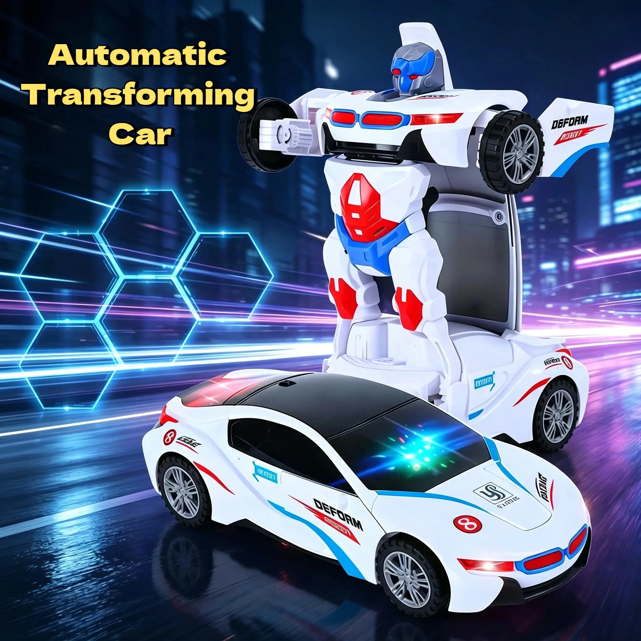 Automatic Deformation Robot Car Toy 1-Second Car-to-Robot Transformation, CoolGlowing Lights, Auto-Turn When Obstacles,Battery-Powered Transformer Car & Kids'Police Car Toy, Perfect Birthday Gift