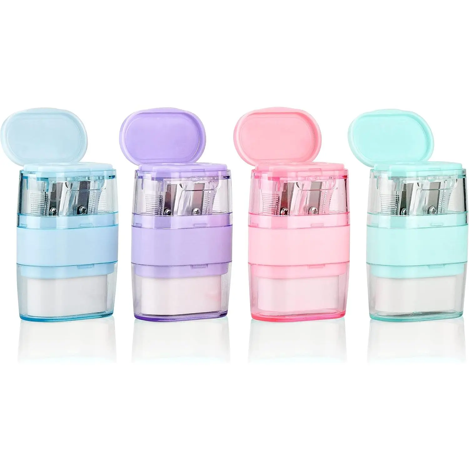 4 count Manual Pencil Sharpener with Eraser, Double Hole Multicolored Sharpener with Eraser Fun Stationery  to School Supplies, Classroom Rewards, and Birthday Party Favors