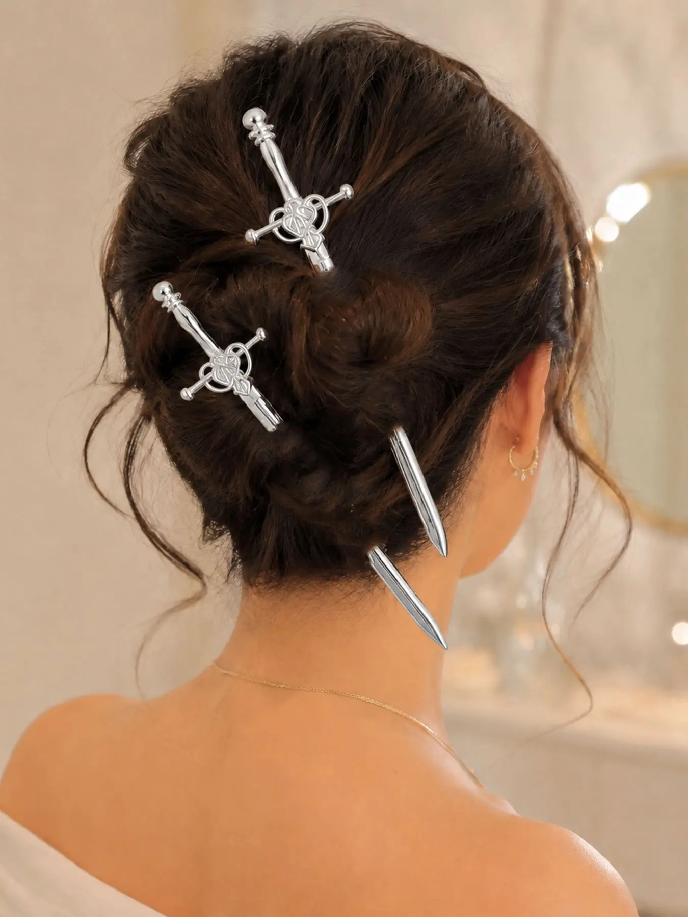 2 Pcs Women's Retro Punk Heart Cross Sword Hairpin, Cold Silver Color Metal Straight Rod Hairpin, Cool Bun Accessory