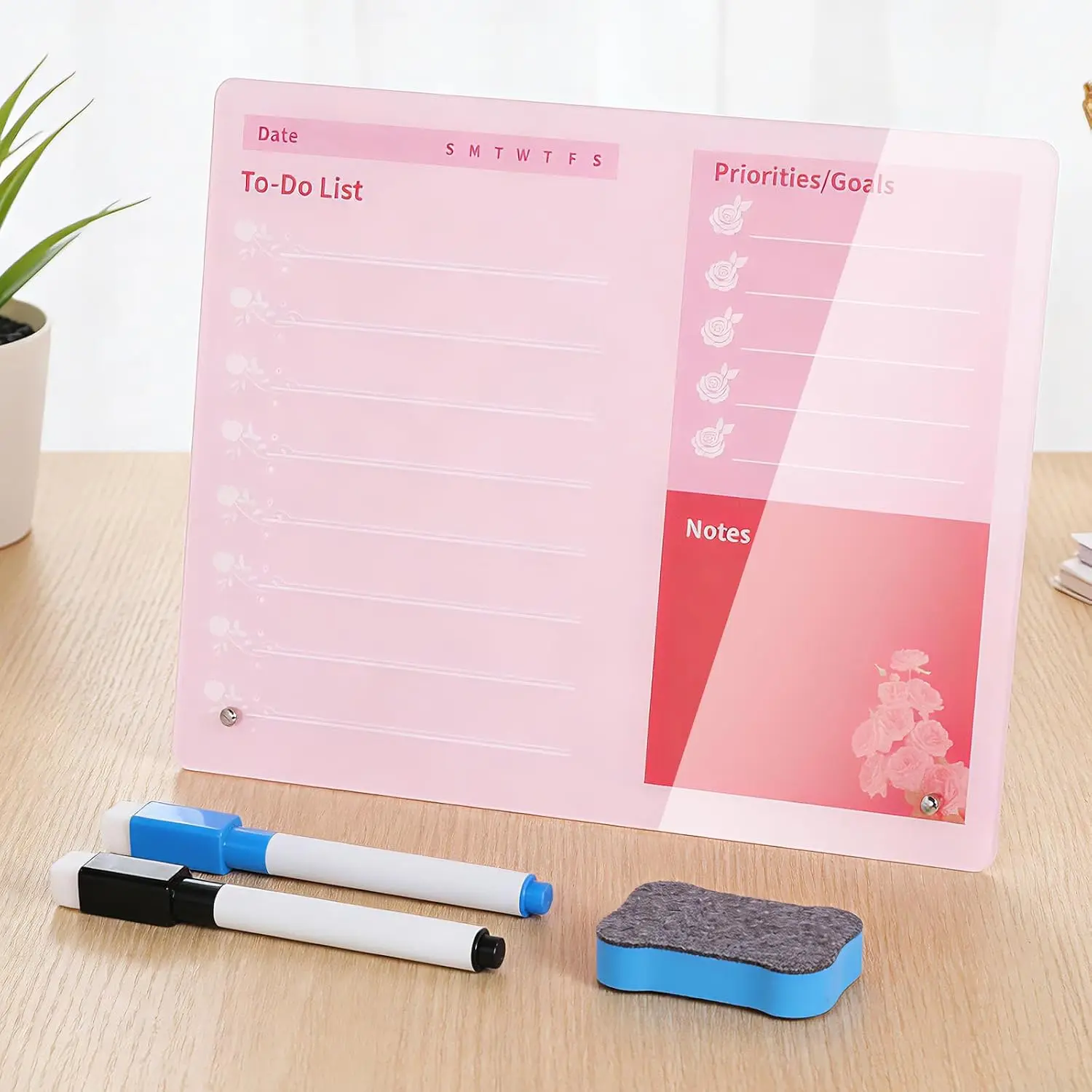 Modern Desktop Dry Erase Board - 12x10 Inches Tabletop Whiteboard with Stand, To-Do List Planner Office Stationery, 1 Pack Rose, Includes 2 Markers & 1 Eraser