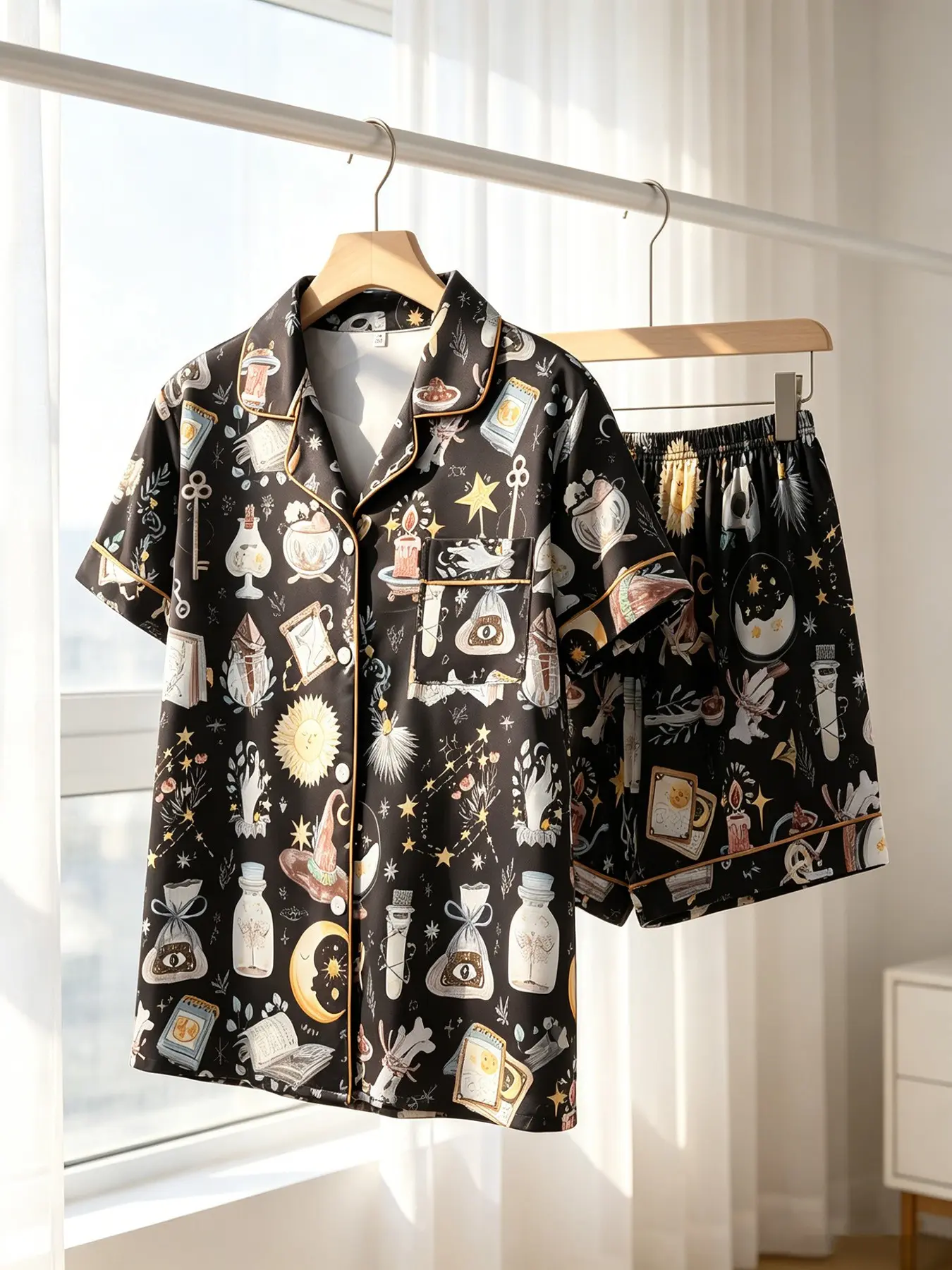 Women's Button-Down Short Sleeve Top & Shorts Pajama Set, Black Mystical Alchemy Witch Print, Gold Piping, Front Pocket, Spring Summer Wear, Loose Fit, Witchy Celestial Aesthetic Casual Loungewear