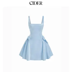 Cider Satin Sculptural Square Neck Bowknot Flared Mini Dress