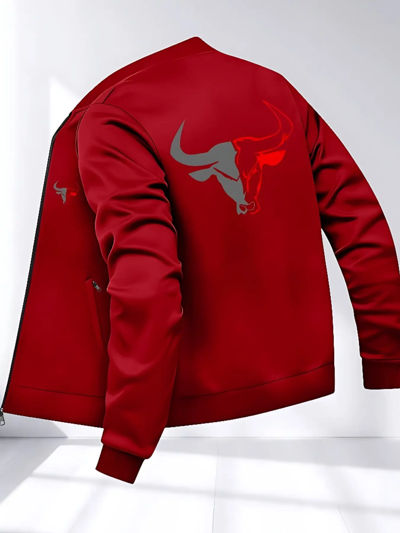 Men's Fashion Casual Jacket, Colorblock Bull Print, Regular Fit, Long Sleeve, Zipper Outerwear, Ideal for Sports & Outdoor Activities