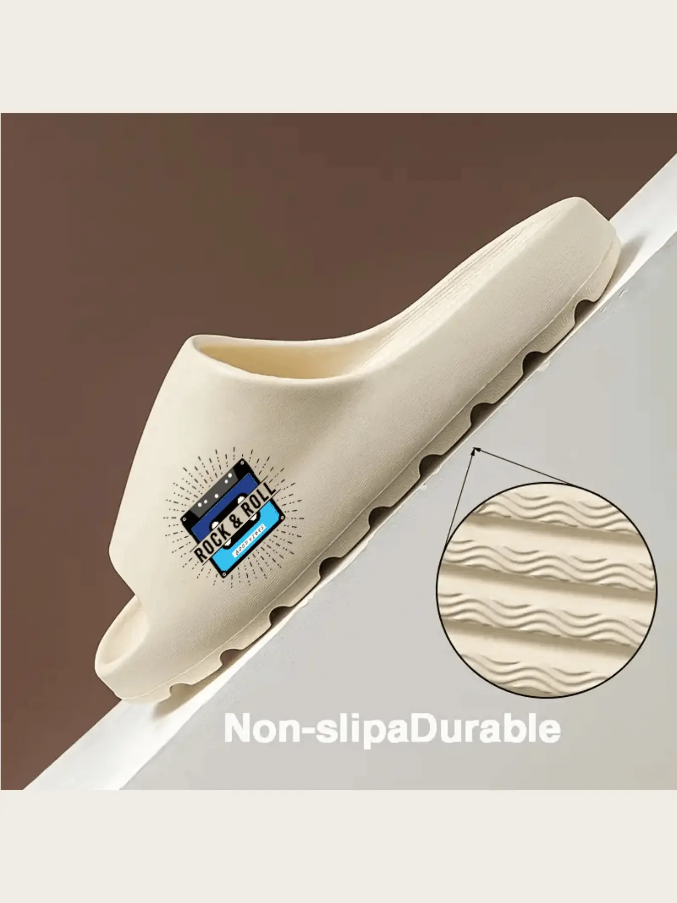 Retro Rock and Roll Cassette Tape Non Slip Slide Slippers for Indoor Outdoor Shower Bathroom, Classic 80s Music Good Vibes Themed Lightweight Soft Open Toe House Slippers, Casual Comfortable Musical Footwear for Rock Music Lovers