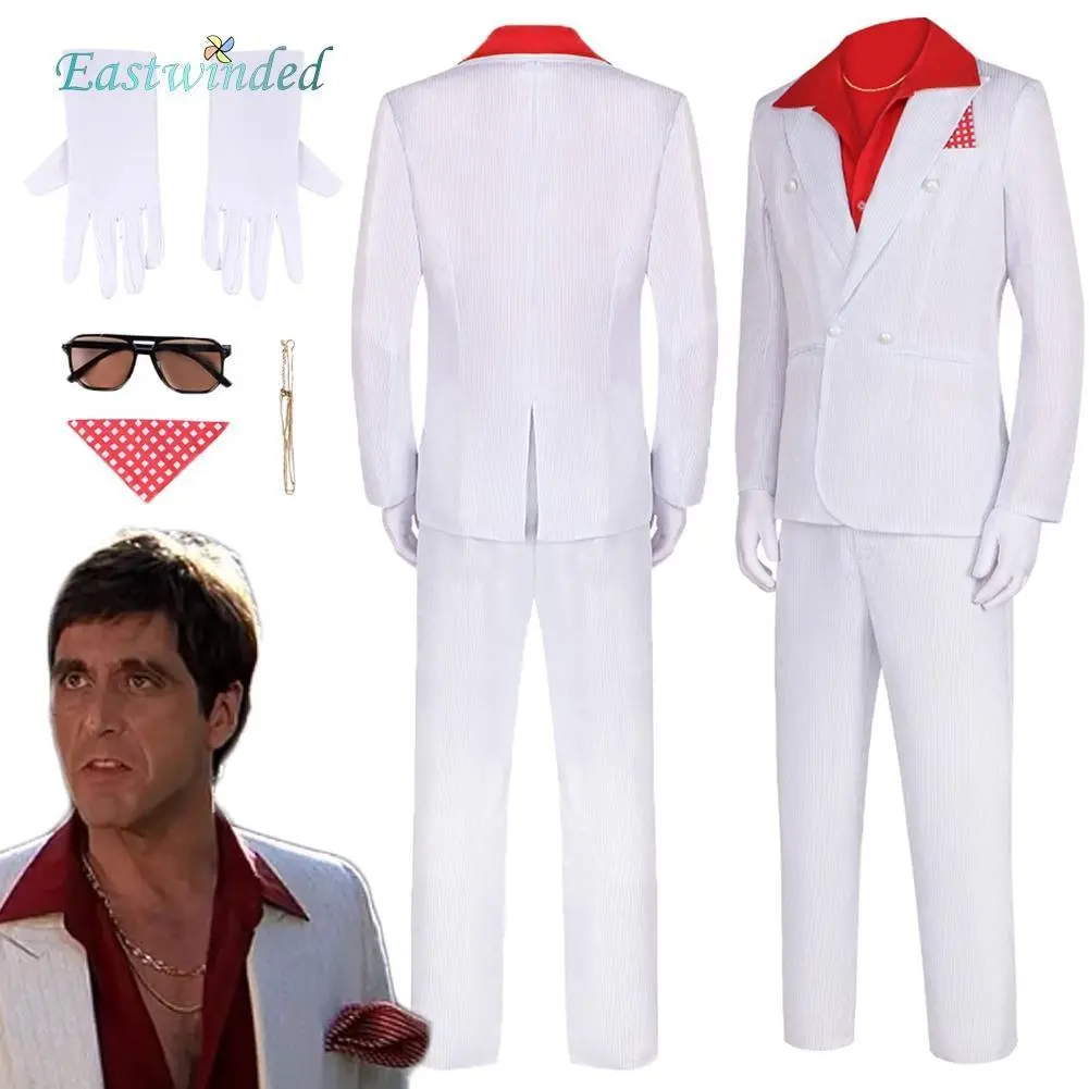 1983 Movie Scarface Al Pacino Cosplay Men White Suit Red Shirt Costume Accessories Outfits Halloween Roleplay Men Carnival Party