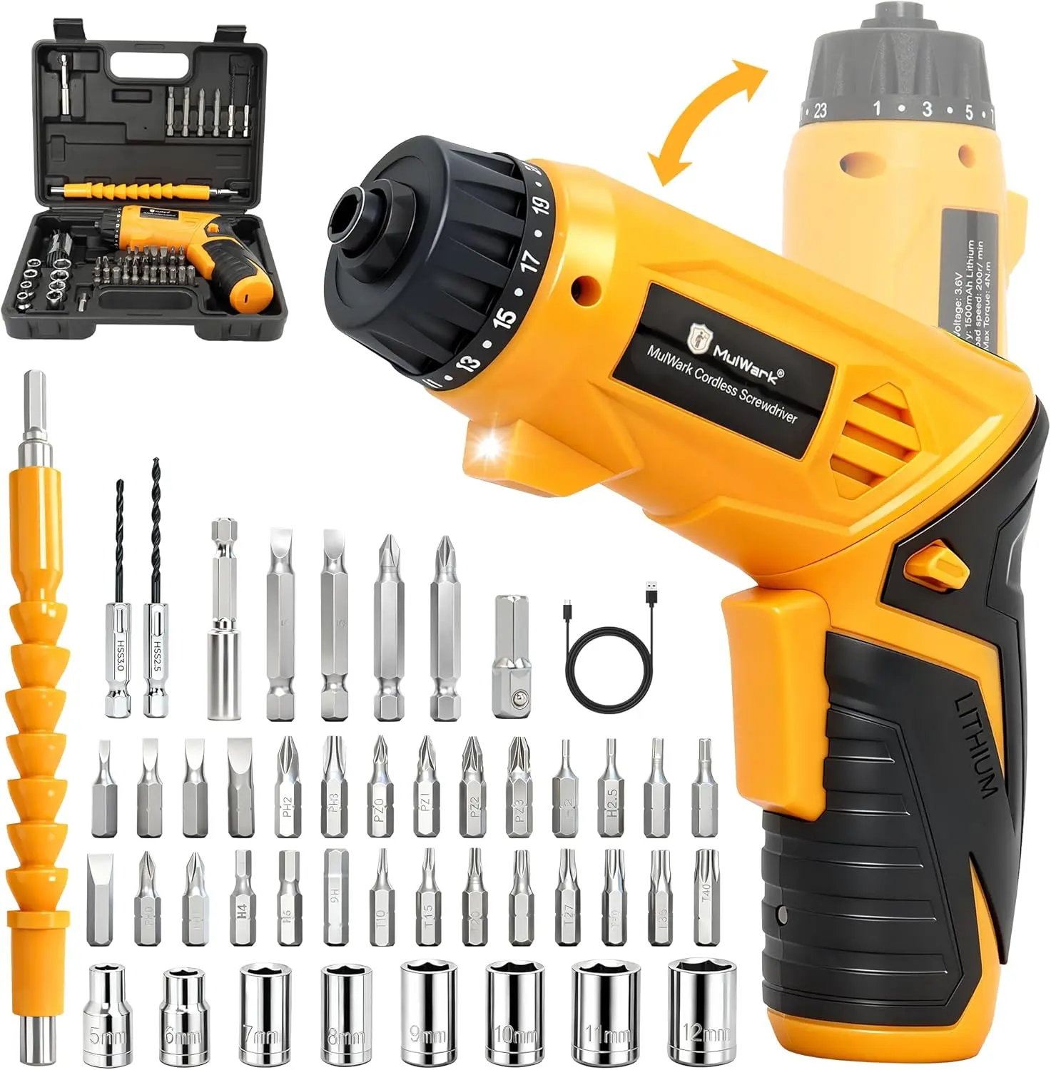 Electric Screwdriver Set, 4V Screwdriver with 46 Driver Bit Set in Case 2-Position Handle, Powered Screwdriver Kit for Home Improvement, DIY Projects