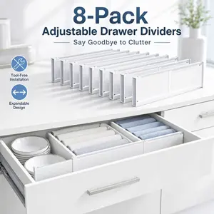 8-Pack Adjustable Drawer Dividers - Expandable Storage Separators, Tool-Free Installation, for Kitchen, Bedroom & Office Drawer Organization