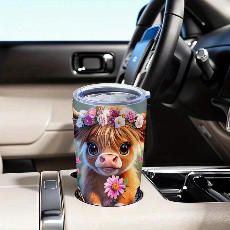 Cute Highland Bull Pattern Stainless Steel Thermos Mug with Floral Design | 20oz Leak-proof Travel Mug, BPA-free Double-walled Vacuum Insulated Mug, Suitable for Hot and Cold Drinks, Reusable, Perfect for Home, Office, Camping, and Everyday Gifts.