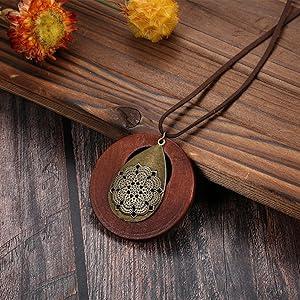 6PCS Boho Layered Long Necklaces for Women | Vintage Wooden Pendant Set | Trendy Dragonfly & Tree of Life Jewelry