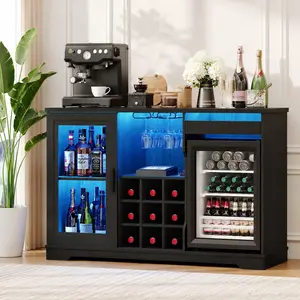Coffee Bar Cabinet with Fridge, Liquor Cabinet with LED Lights & Glass Holder, Mini Fridge Cabinet with Wine Storage, Human Body Sensor, Sideboard Buffet Table for Kitchen Dining Room, Black