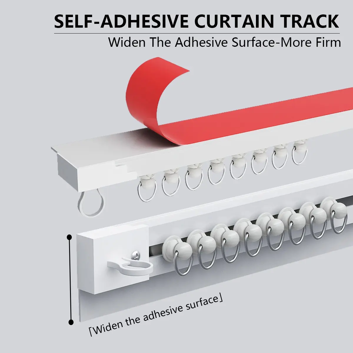 Upgrade Wide Self-Adhesive Curtain Rail, No Drilling Curtain Rod, Ceiling Mount, Adhesive Curtain Pole for Windows, Cabinets, Bathrooms