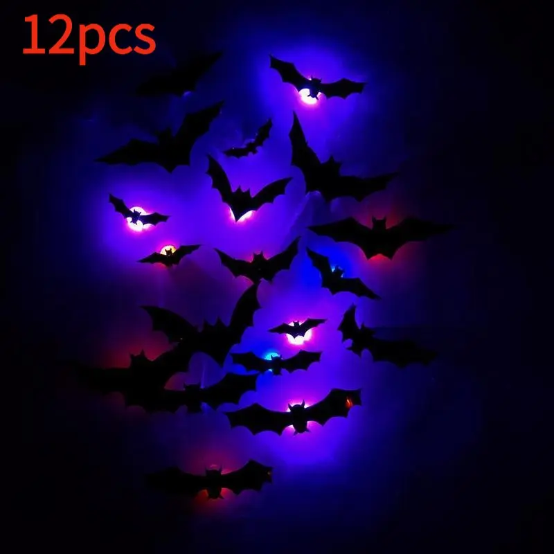 12Pcs/Set 3D Bat  Decoration 7 Color Changing RGB Luminous Wall Stickers Gothic Spooky Glow Bats for Halloween 2026 Bedroom Gaming Room Aesthetic Kids Gift TikTok Viral Haunted House Decor Multicolor Bat Wall Art