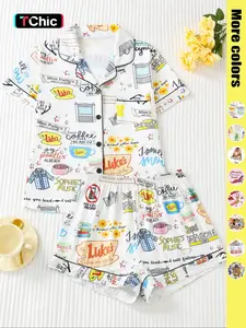 Women's Patchwork Print Pajama Set, Casual Fitted Summer Sleepwear, Comfortable Elastic Shorts & Button-Down Top, Elegant Ladies' Nightwear