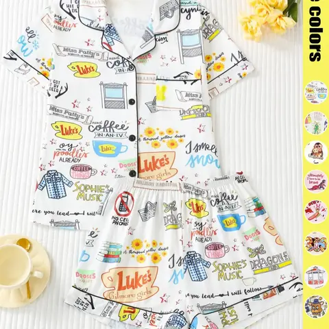 Women's Cartoon Print Pajama Set, Casual Fitted Summer Sleepwear & Loungewear, Comfortable Elastic Shorts & Button-Down Top, Elegant Ladies' Nightwear, Pajama Outfit