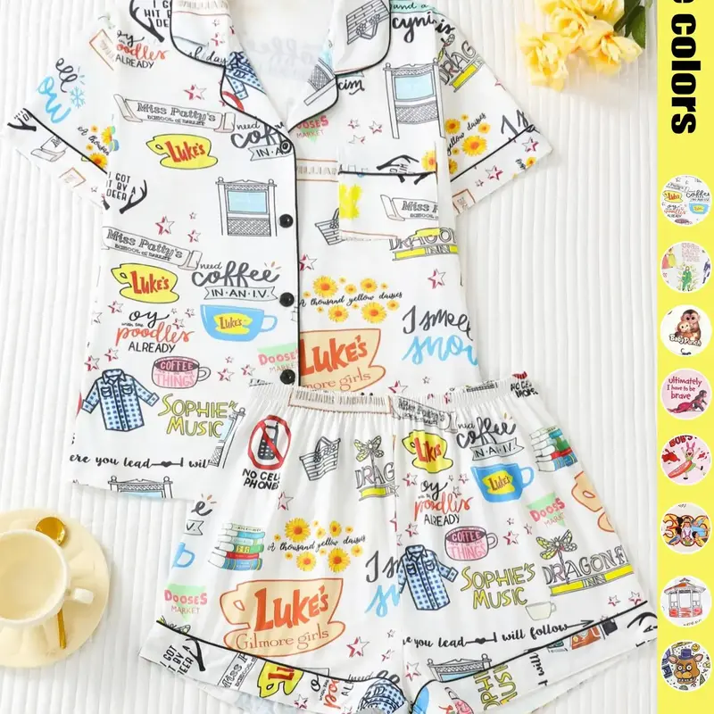 Women's Cartoon Print Pajama Set, Casual Fitted Summer Sleepwear & Loungewear, Comfortable Elastic Shorts & Button-Down Top, Elegant Ladies' Nightwear, Pajama Outfit