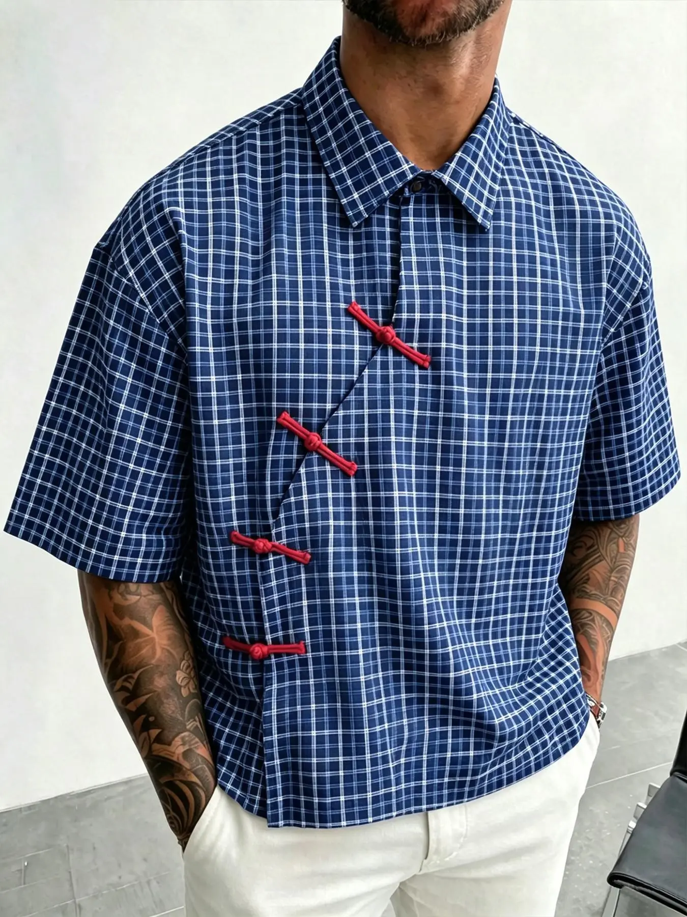 New Traditional Style Button Slant Collar Blue Check Short Sleeve Shirt, Men's Loose Fit National Trend Cultural Casual Blouse