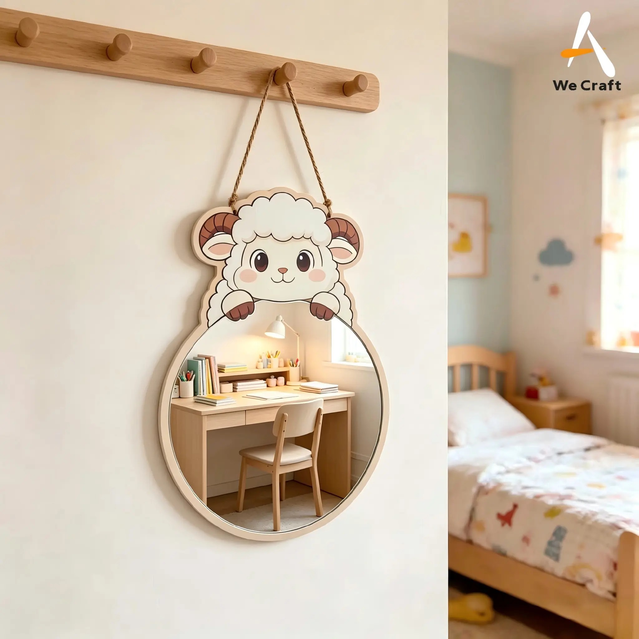 1Pc Cute Cartoon Sheep Multi-layer Wood Hanging Wall Mirror, Animal Shaped Decor Vanity Mirror, Creative Wall Decor Mirror for Bedroom Entryway