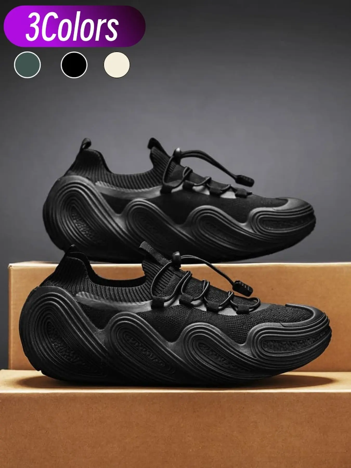 Trendy flyknit dad casual running sneakers for men, wave lift sole stretch sock fit, quick lock grippy PVC sole travel commute footwear