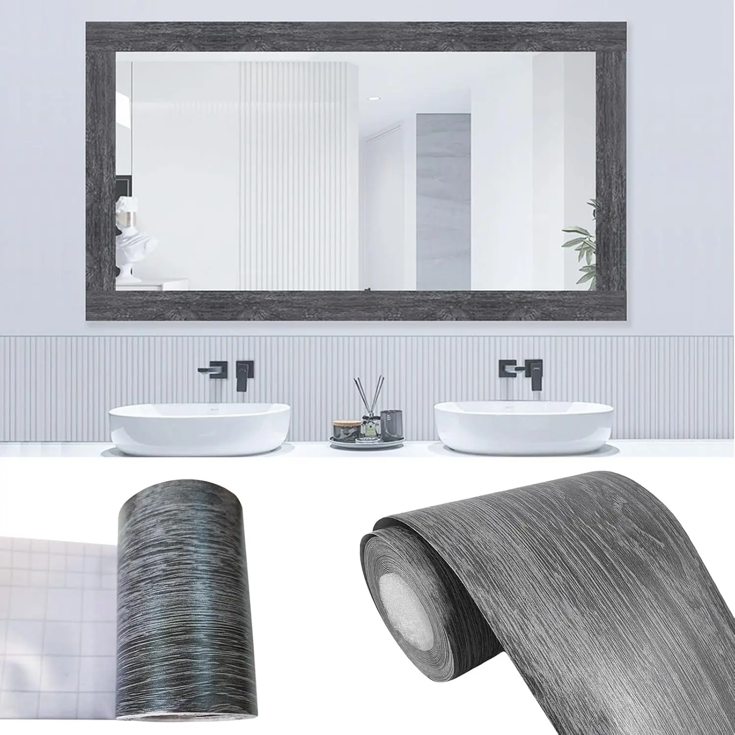 Removable PVC Waterproof Peel and Stick Dark Gray Wood Grain Wallpaper Border 32.8Ft x 3.97in, Self-Adhesive Sticker for Bathroom Mirror Frame Wall Decor