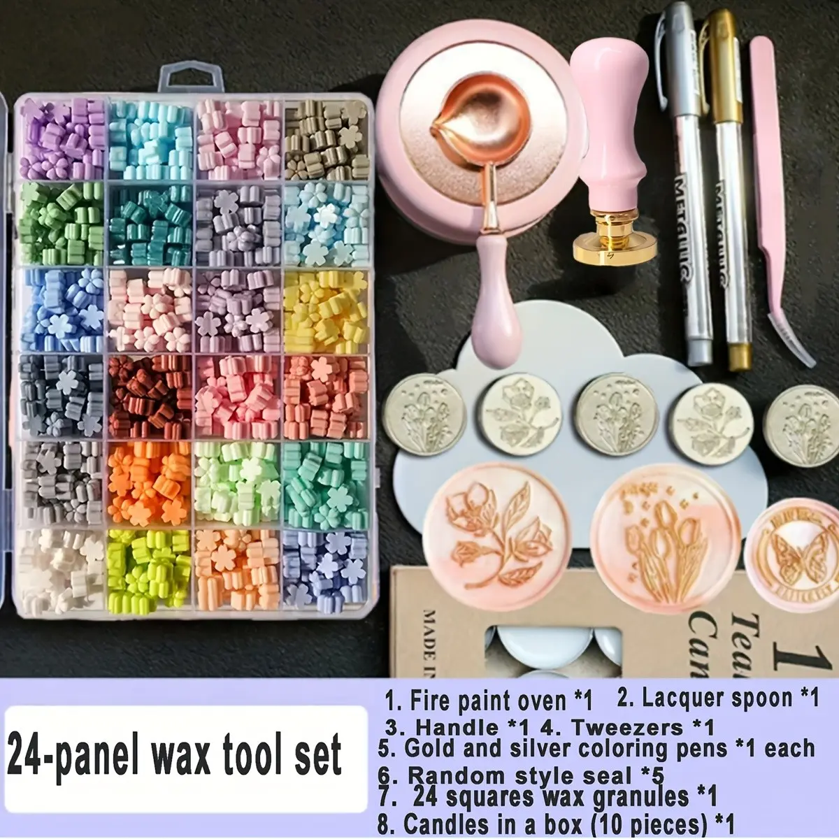 Complete Wax Seal Kit, 24-Cell Wax Stamp Set, Steel Stamp Head, No Ink Required, Essential Tool for Envelopes & Documents, Granules
