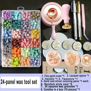 Complete Wax Seal Kit, 24-Cell Wax Stamp Set, Steel Stamp Head, No Ink Required, Essential Tool for Envelopes & Documents