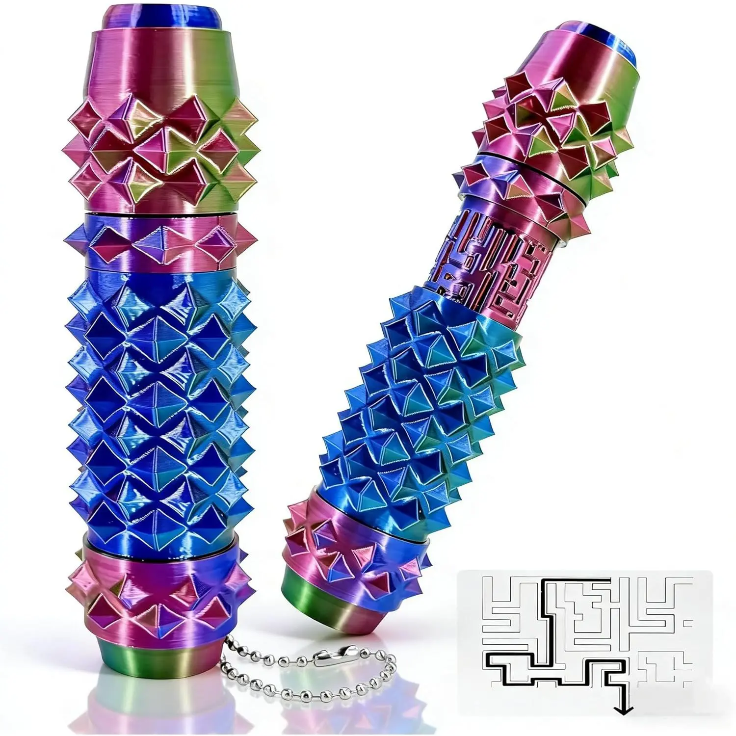 6-in-1, Little Ouchies Pain Fidget Toys for Adults, Pain Stim Fidget with Clicker, Spinner, Storage, Roller, Maze, Spiky Grip, Stress & Anxiety Relief Items, Portable Keychain