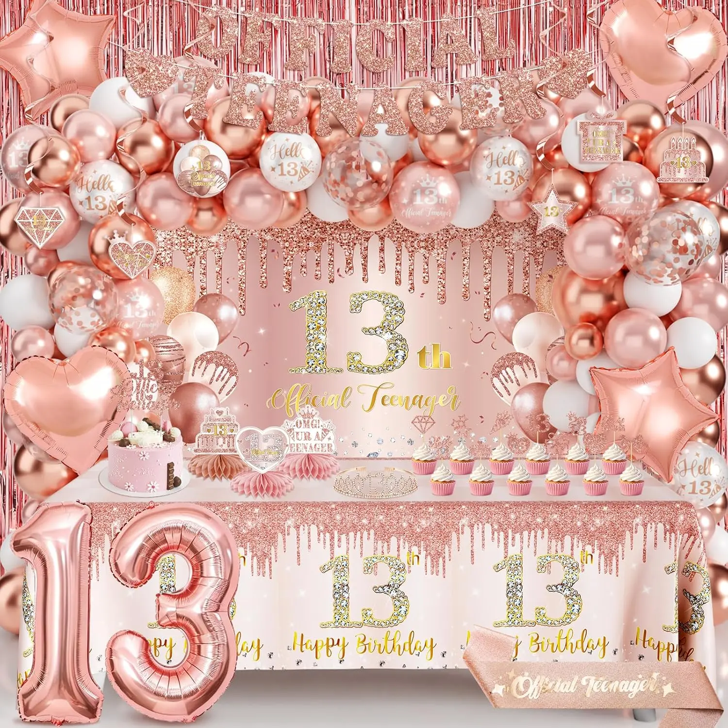 13th Birthday Decorations for Girls, 104Pcs Rose Gold Official Teenager Party Supplies Kit with Backdrop, Tablecloth, 2 Fringe Curtains, Crown, Sash, Balloons, Banner, Cake & Cupcake Toppers