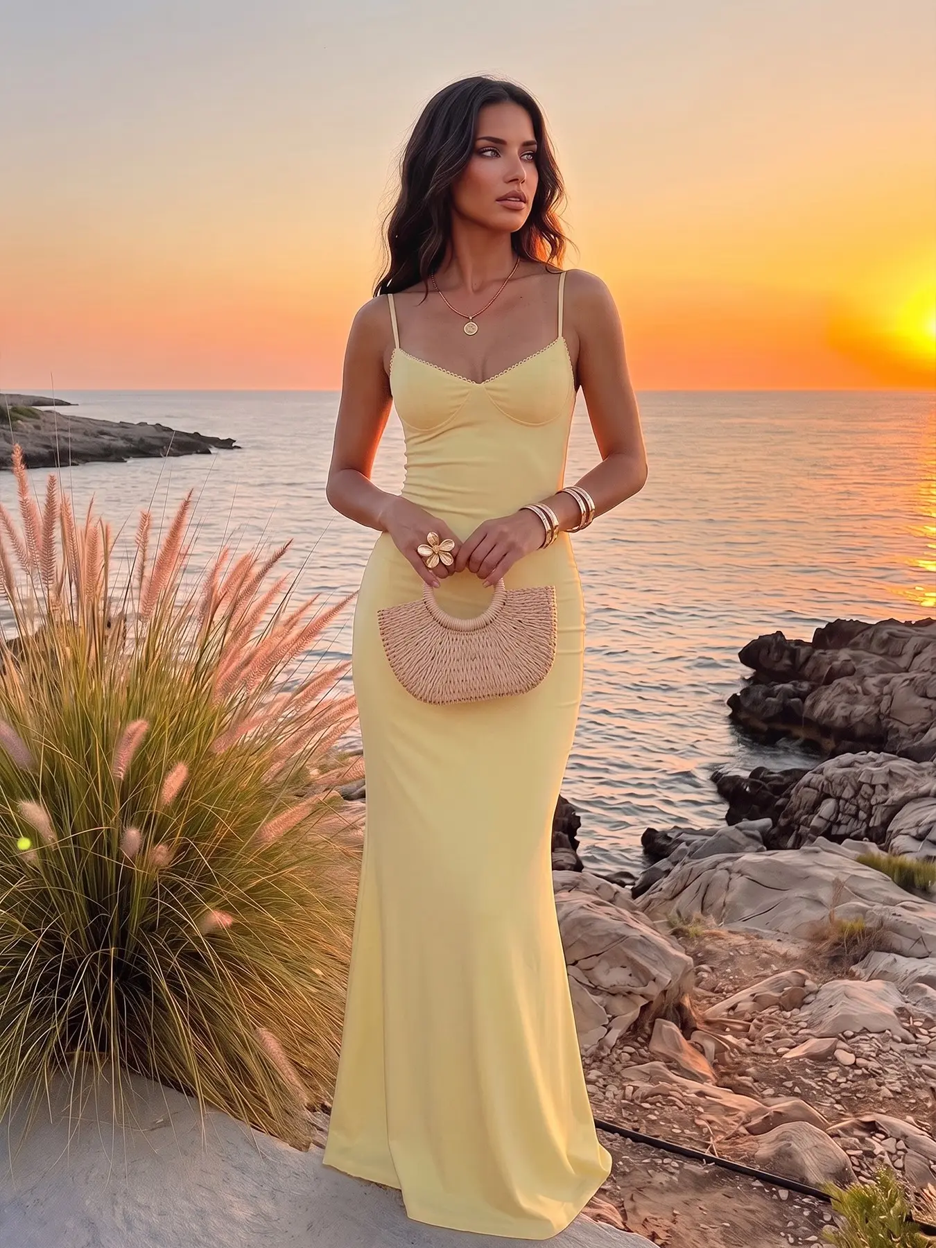 Daily Sunset Beach Holiday Pastel Yellow Scalloped Lace V Neck, Sleeveless, Thin Strap Mermaid Maxi Dress Women Soft Stretch Slim Bodycon Floor Length Wedding Guest Dinner Outdoor Summer Vacation Evening Slip Gown