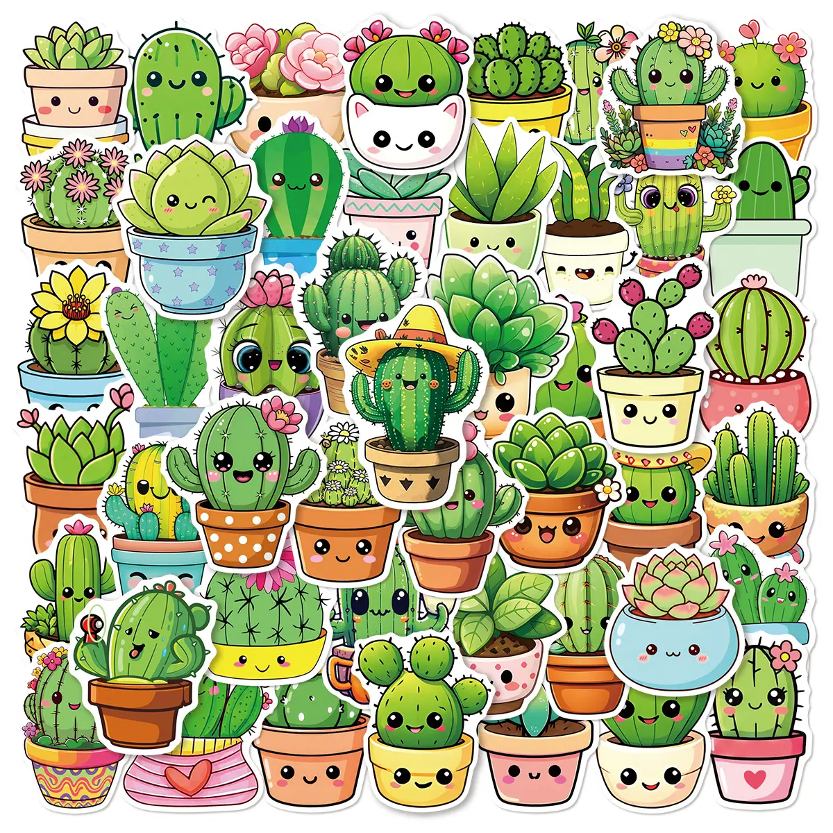 50pcs Cartoon Cactus and Succulent Office Stickers/Notebook Stickers, High-Value, Positive Energy Gifts for Decorating Journals, Scrapbooks, Computers, Water Bottles, Cars, Etc.