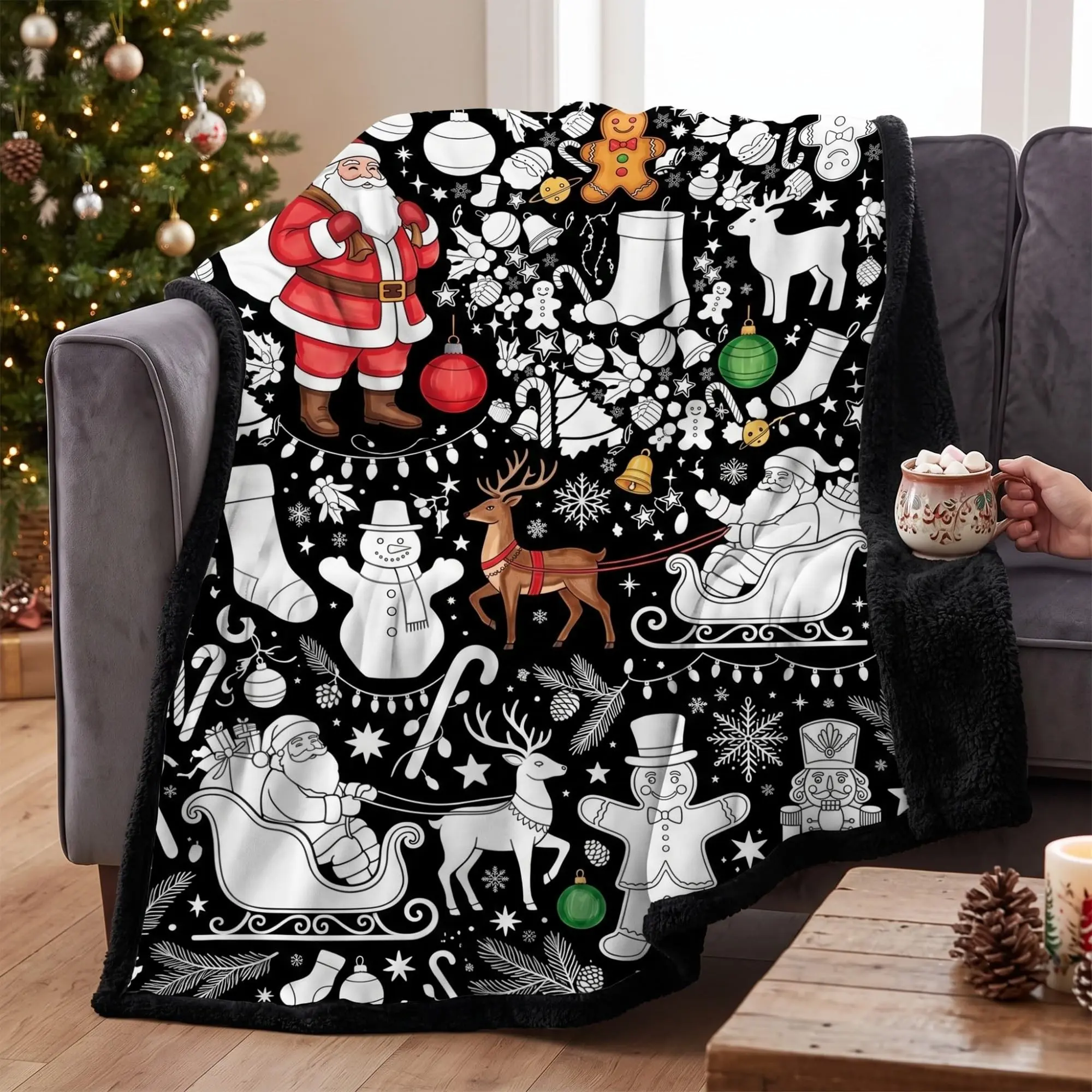 Kids DIY Coloring Christmas Blanket, Fleece Throw with 24 Markers, & Doodle Blanket, Plush Sherpa Backing, Fun Craft Activity
