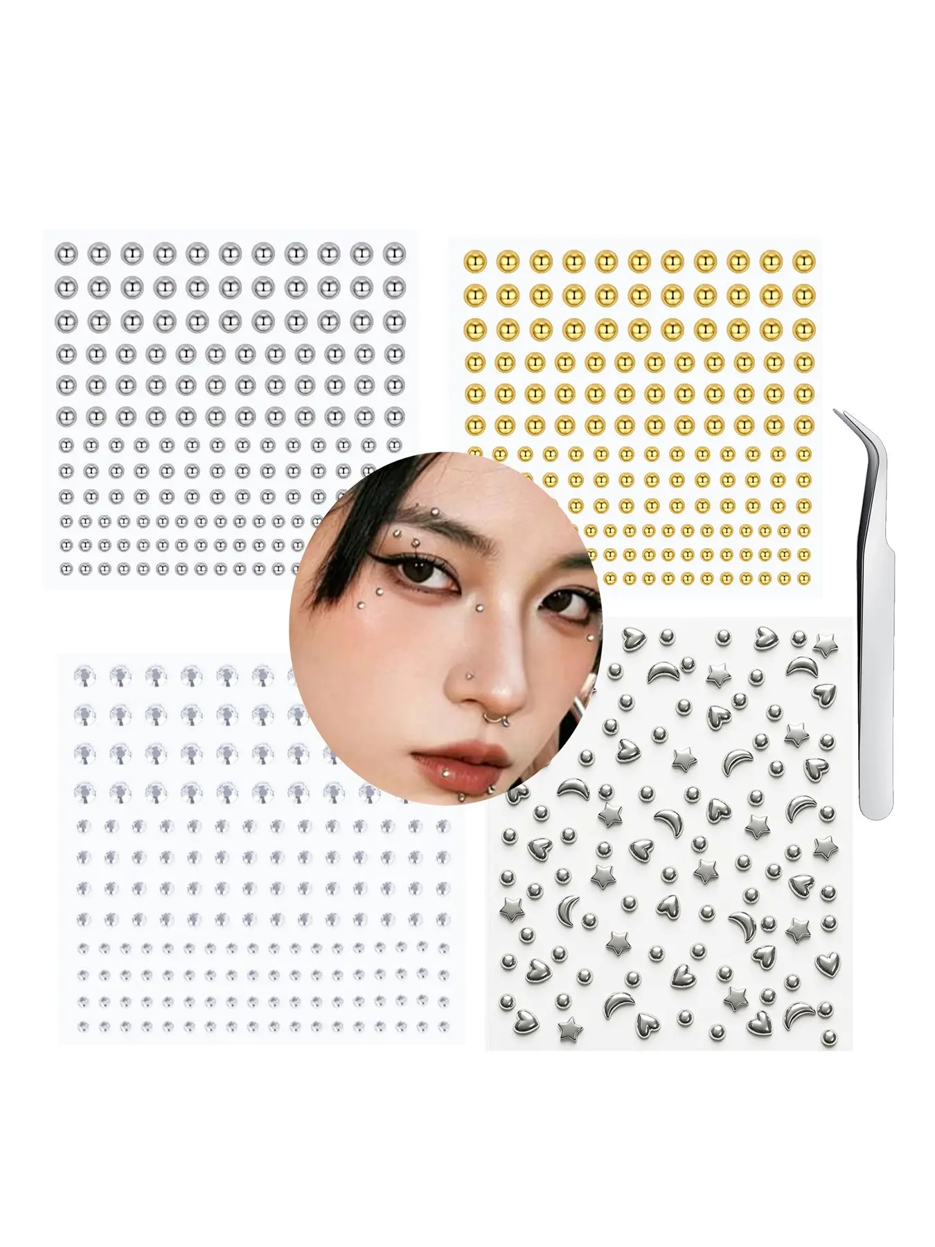 Mix Fake Piercings Face Gems Hair Gems Hair Jewels Eye Jewels Stick on Rhinestones Sheet for Makeup Festival Halloween Star Fake Nose Lip Labret Medusa Jewelry Party K-Pop Rave Festival Concert Accessories