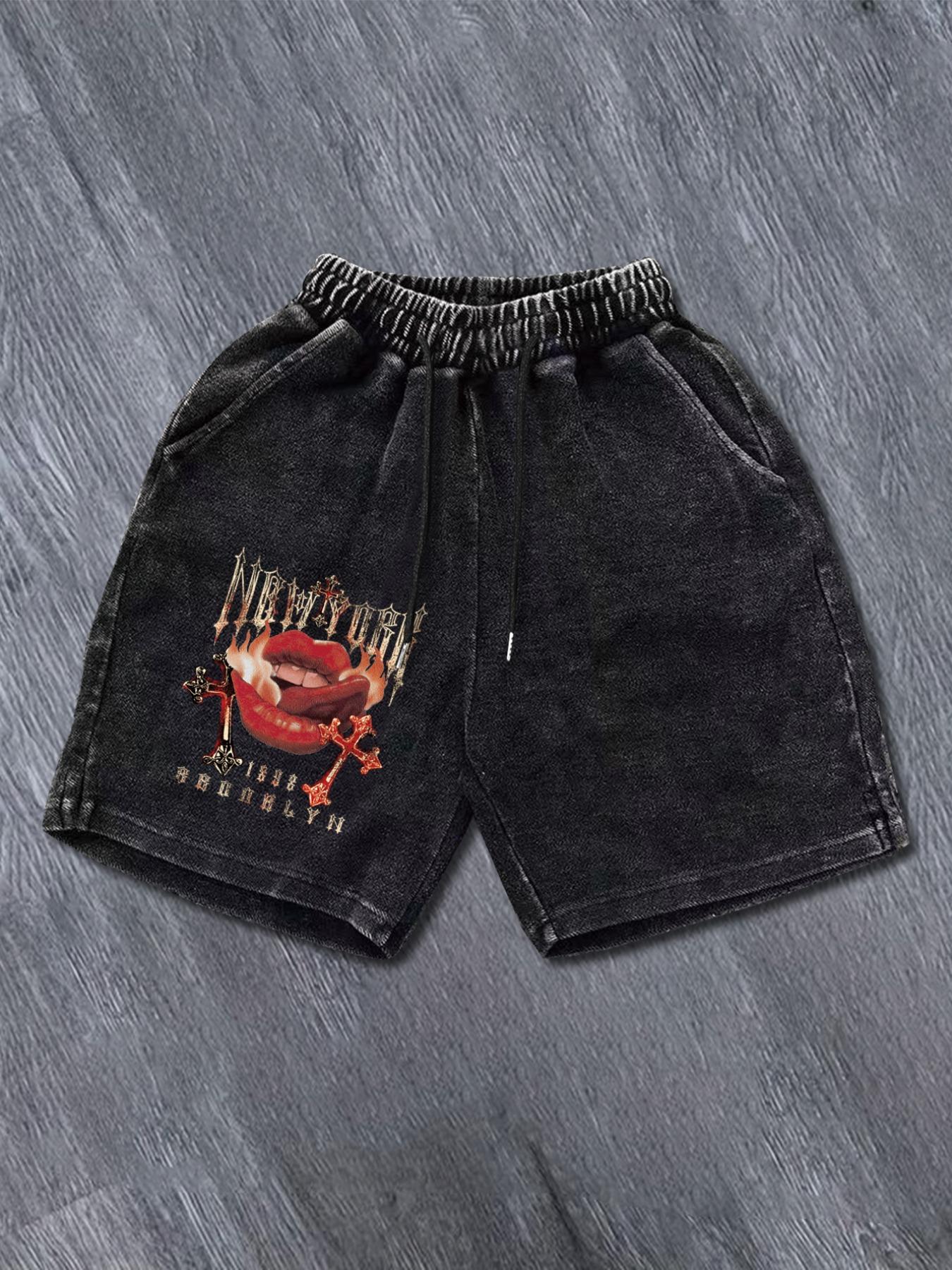 Men's Denim-Effect Print Letter Graphic Drawstring Waist Shorts, Casual Streetwear Shorts, Regular Fit Casual Street Comfy Shorts for Summer, Men's Bottoms for Daily Wear