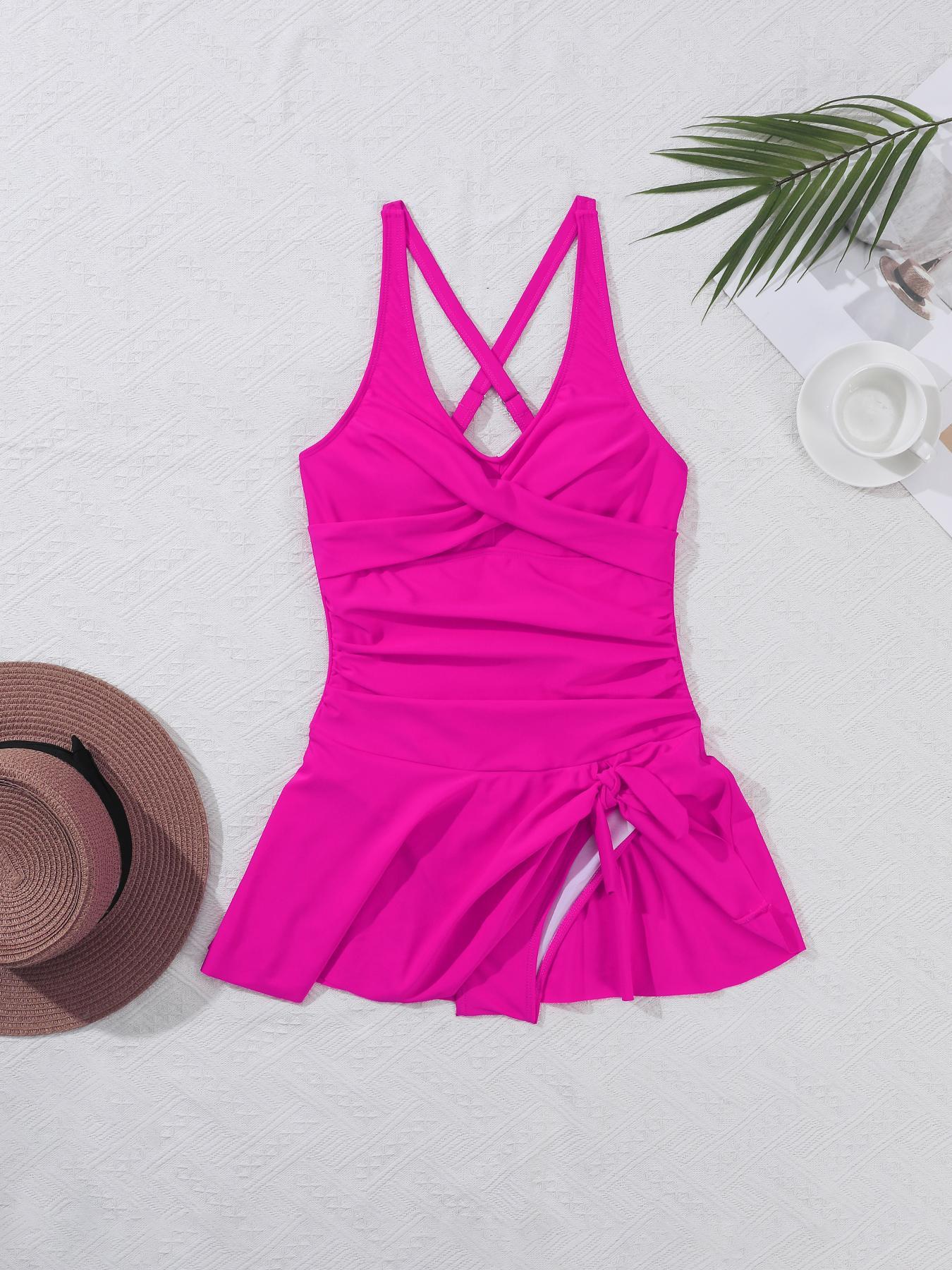 Women's 2 in 1 Criss Cross Ruched Knot One-Piece Swimsuit, Solid Color Sleeveless V Neck One-Piece Swimwear for Beach Holiday Vacation, Ladies Swimsuit for All Seasons