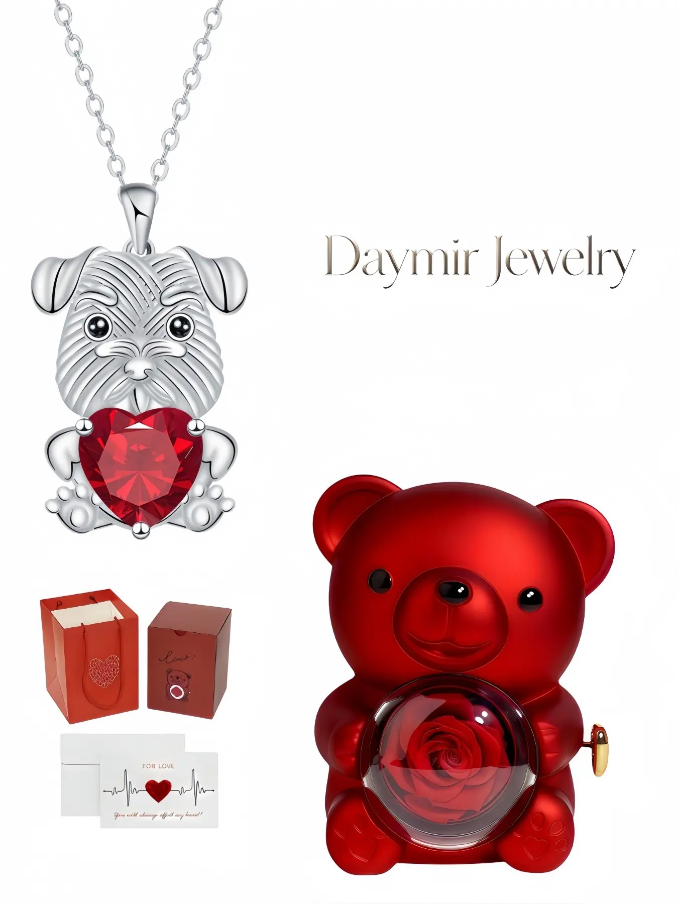 "Puppy Diamond Heart", gem necklace featuring long-haired Cavalier King Charles dog design, paired with lovely rotating rose bear jewelry box, a mysterious gift for birthdays, Mother’s Day, Valentine’s Day and Christmas.