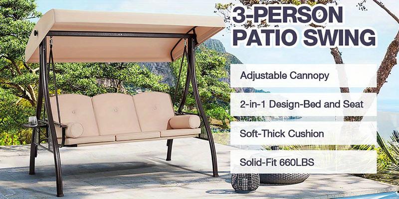 3-Seat Outdoor Swing Chair with Adjustable Backrest, Converts to Lounger Bed, Patio Swing Glider with Removable Cushion & Canopy for Deck, Garden, Backyard, Khaki/Red/Blue/Brown/Gray
